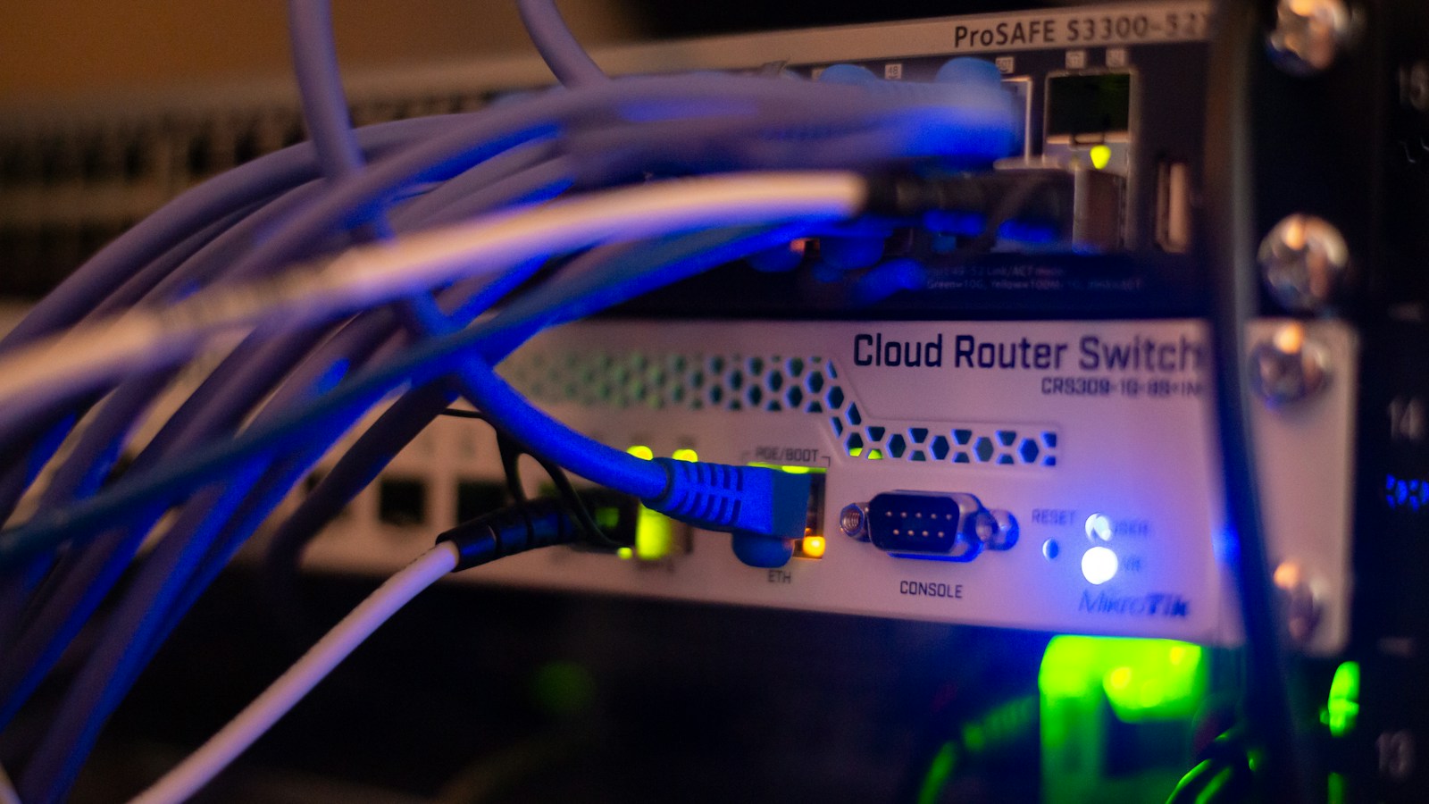 Close-up of network cables connected to equipment